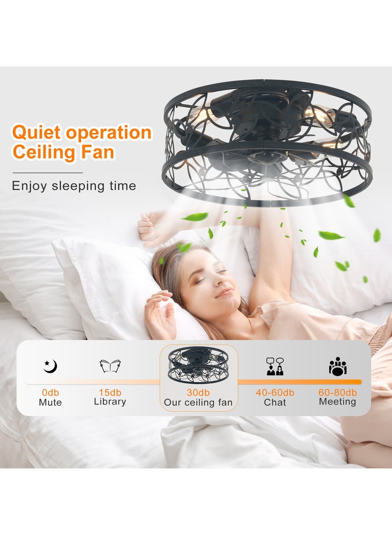 18in Caged Ceiling Fan with Light,Rustic Farmhouse Ceiling Fans with Lights and Remote,Bladeless Black Fandelier Ceiling Fan,Small Flush Mount Ceiling Fan for Kitchen, Bedroom（6 Speed, Timing）