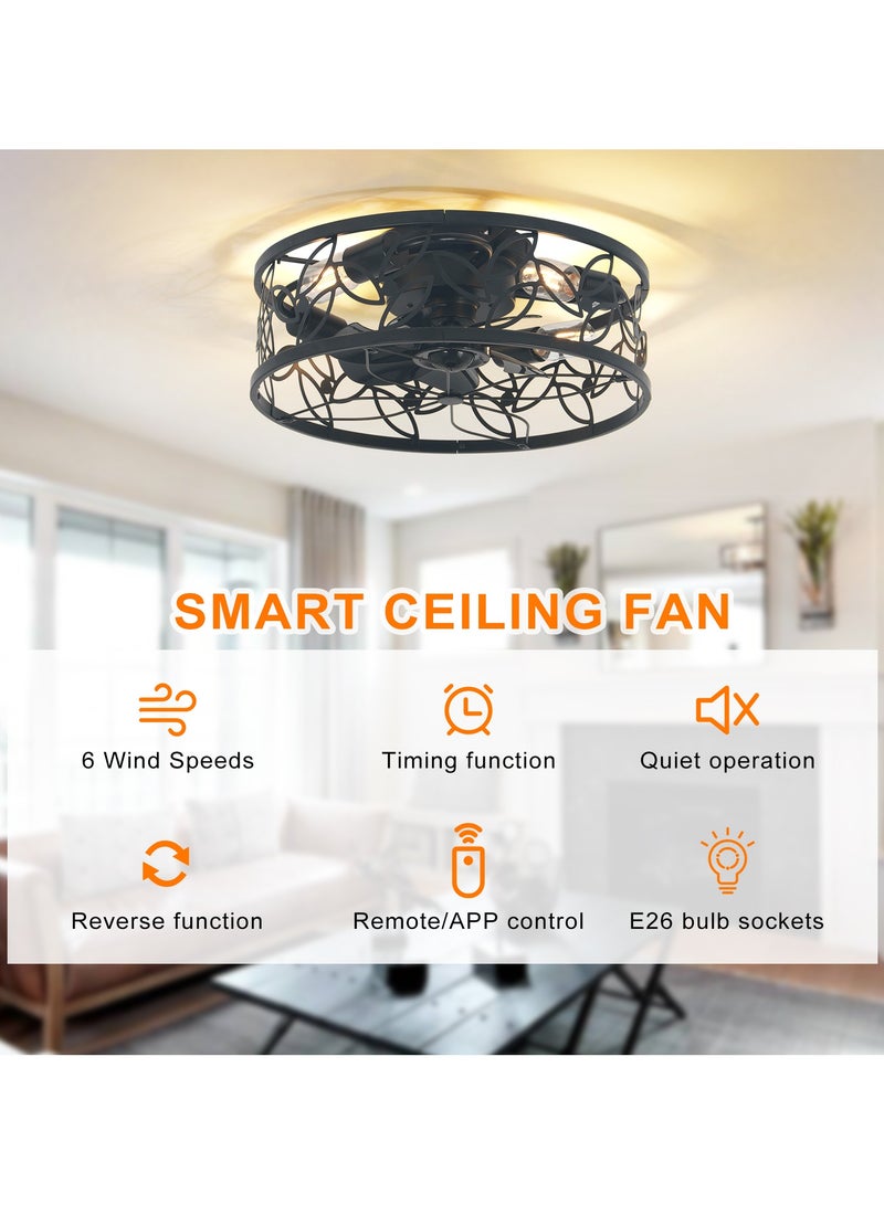 18in Caged Ceiling Fan with Light,Rustic Farmhouse Ceiling Fans with Lights and Remote,Bladeless Black Fandelier Ceiling Fan,Small Flush Mount Ceiling Fan for Kitchen, Bedroom（6 Speed, Timing）