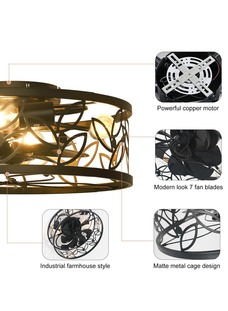 18in Caged Ceiling Fan with Light,Rustic Farmhouse Ceiling Fans with Lights and Remote,Bladeless Black Fandelier Ceiling Fan,Small Flush Mount Ceiling Fan for Kitchen, Bedroom（6 Speed, Timing）