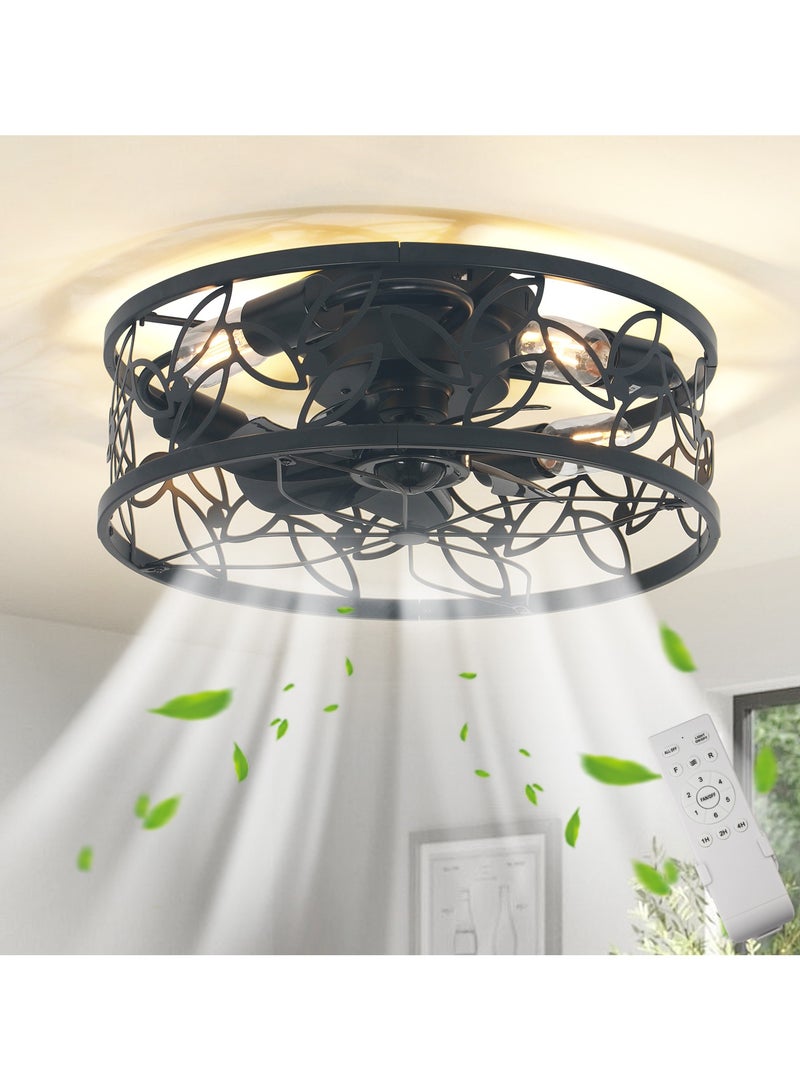 18in Caged Ceiling Fan with Light,Rustic Farmhouse Ceiling Fans with Lights and Remote,Bladeless Black Fandelier Ceiling Fan,Small Flush Mount Ceiling Fan for Kitchen, Bedroom（6 Speed, Timing）