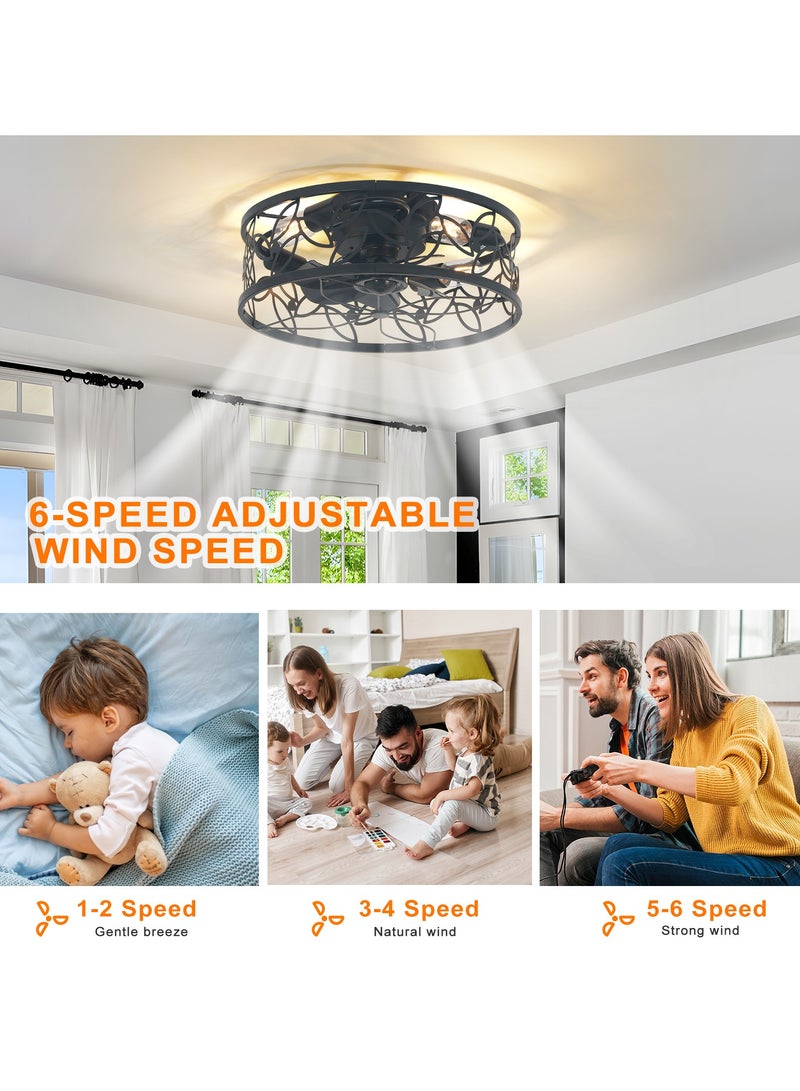 18in Caged Ceiling Fan with Light,Rustic Farmhouse Ceiling Fans with Lights and Remote,Bladeless Black Fandelier Ceiling Fan,Small Flush Mount Ceiling Fan for Kitchen, Bedroom（6 Speed, Timing）