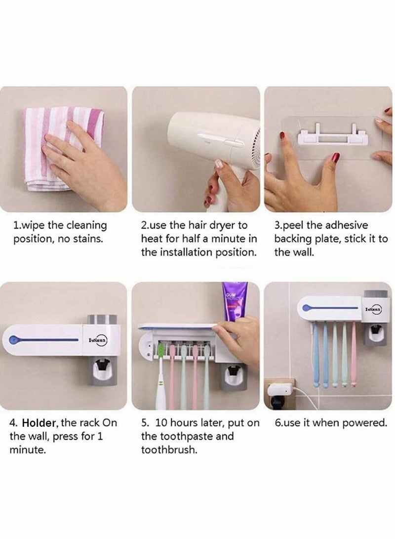 UV Toothbrush Holder, Wall Mounted USB Rechargeable Automatic Toothpaste Dispenser Set with 5 Toothbrushes Holding