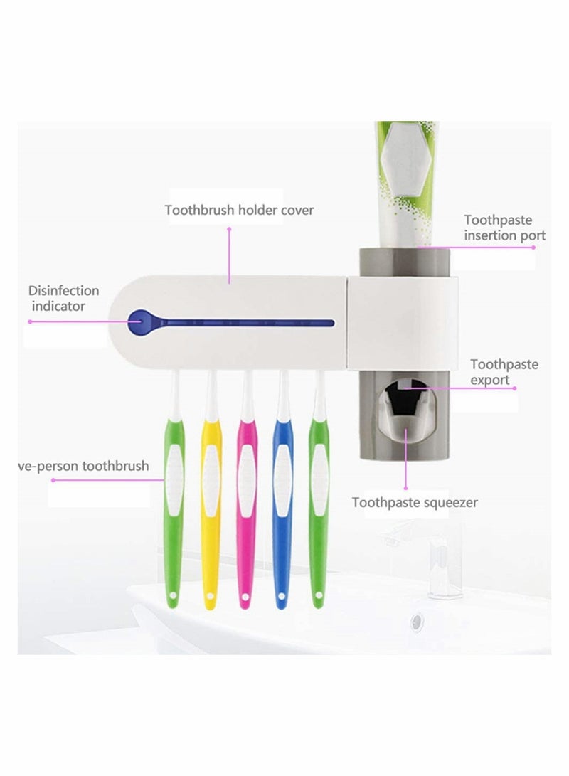 UV Toothbrush Holder, Wall Mounted USB Rechargeable Automatic Toothpaste Dispenser Set with 5 Toothbrushes Holding
