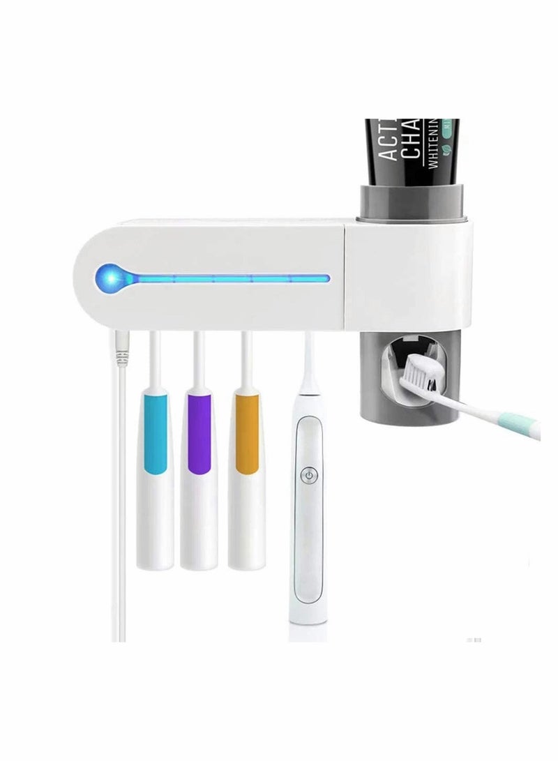 UV Toothbrush Holder, Wall Mounted USB Rechargeable Automatic Toothpaste Dispenser Set with 5 Toothbrushes Holding
