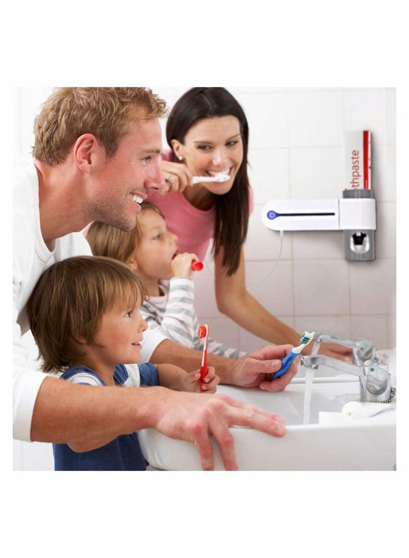 UV Toothbrush Holder, Wall Mounted USB Rechargeable Automatic Toothpaste Dispenser Set with 5 Toothbrushes Holding