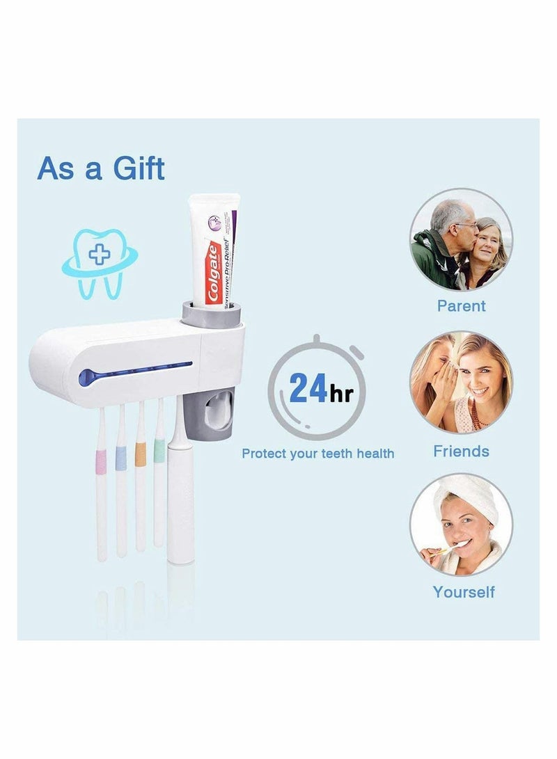 UV Toothbrush Holder, Wall Mounted USB Rechargeable Automatic Toothpaste Dispenser Set with 5 Toothbrushes Holding