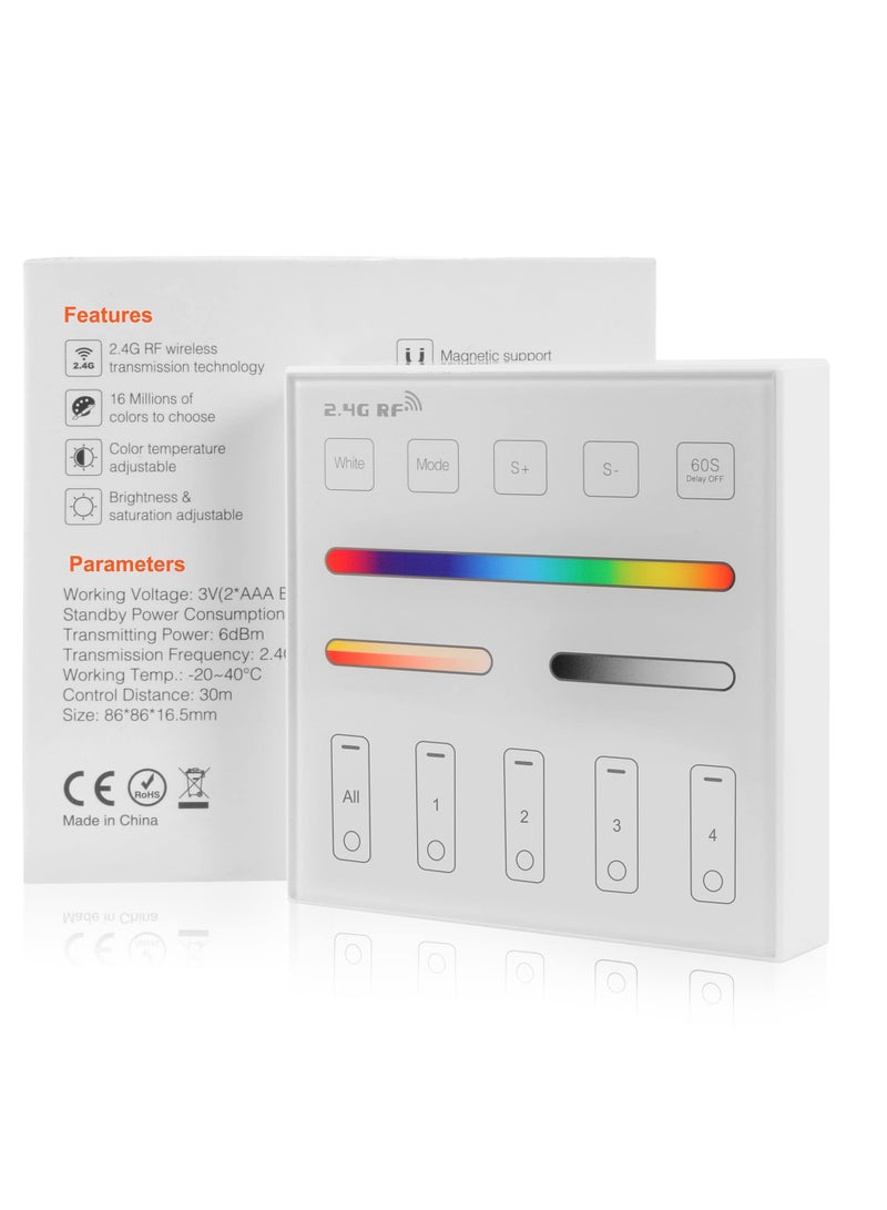 Wireless 2.4G RF 4 Zones RGB RGBW RGBCCT Wall Mounted Smart Panel Remote, with S1 LED Controller, RGBW/RGB/CCT/Dimming 4 Channel, 4-Zone Group Control, 360° 99ft Wireless Control Distance