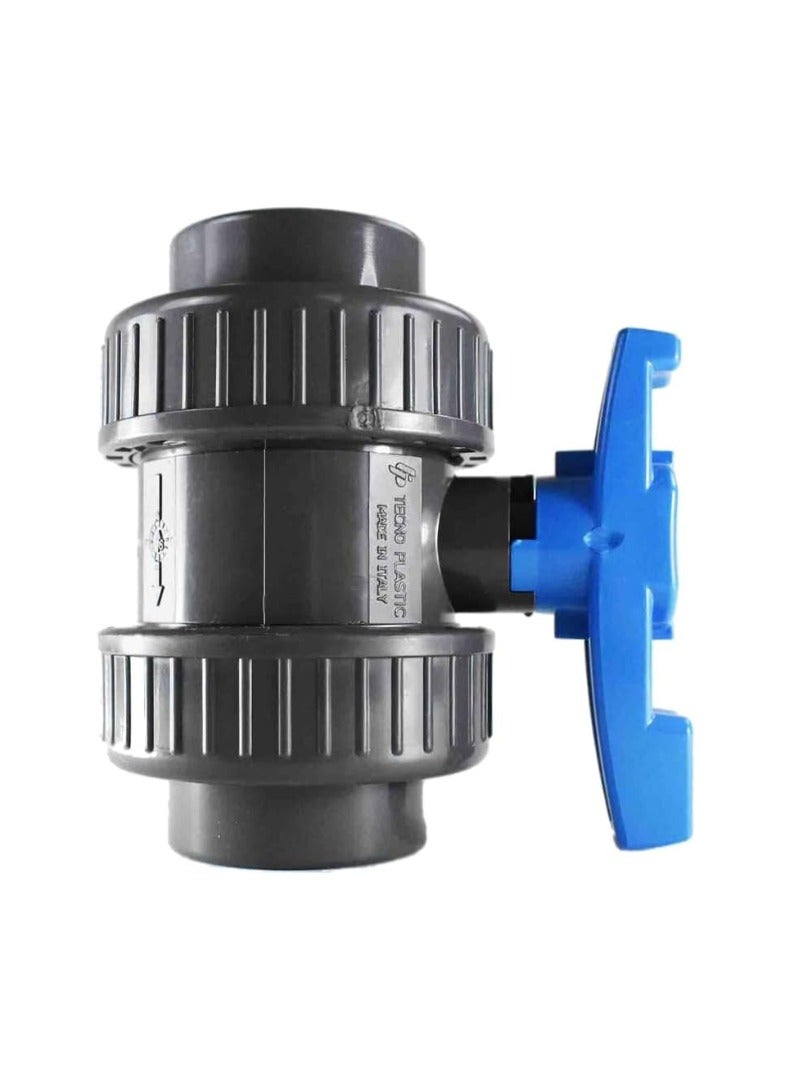 KNP Union Ball Valve PVC Pipe Fitting Sized at 1 1/2 Inch is Designed for Use in Various Plumbing Irrigation and Water Management Systems Made from Durable PVC Material this Valve Offers Excellent Resistance to Corrosion Chemicals and Impact Making it Suitable for Both Indoor and Outdoor Applications.