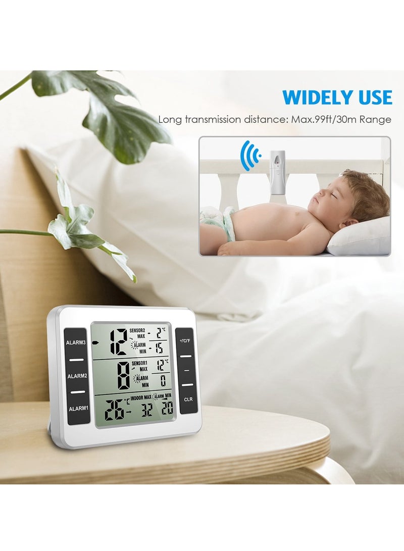 Wireless Refrigerator Thermometer for Indoor and Outdoor Use, Temperature Monitor with Audible Alarm for Kitchen and Freezer