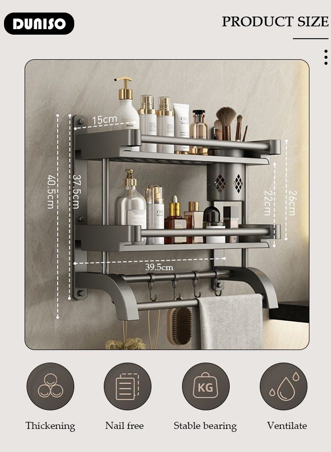 2 Tier Bathroom Shelf with Towel Bars, Bathroom Storage Shelves with Hollow Cup, Towel Rack and Hanging Rod, Adjustable Wall Mounted Shelf Rack Over Toilet for Bathroom and Home Organization