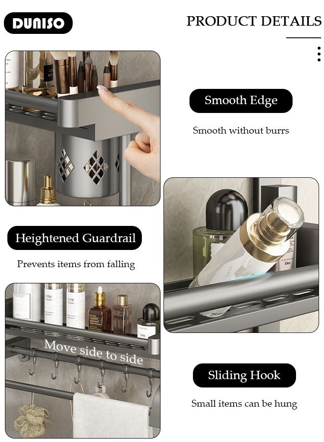 2 Tier Bathroom Shelf with Towel Bars, Bathroom Storage Shelves with Hollow Cup, Towel Rack and Hanging Rod, Adjustable Wall Mounted Shelf Rack Over Toilet for Bathroom and Home Organization