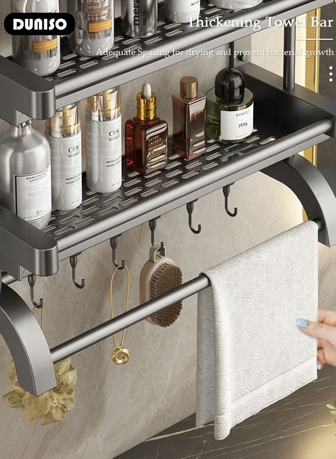 2 Tier Bathroom Shelf with Towel Bars, Bathroom Storage Shelves with Hollow Cup, Towel Rack and Hanging Rod, Adjustable Wall Mounted Shelf Rack Over Toilet for Bathroom and Home Organization