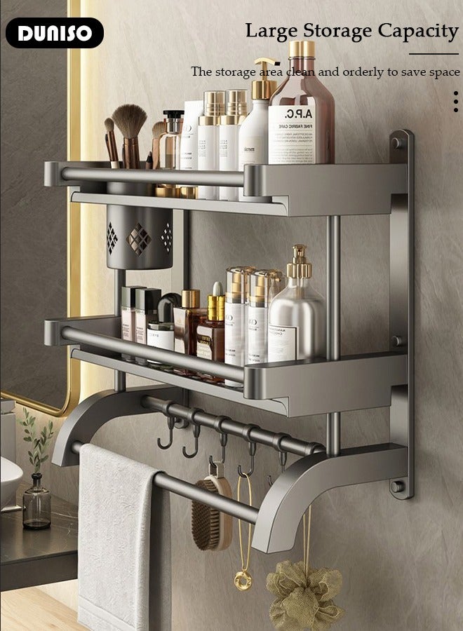 2 Tier Bathroom Shelf with Towel Bars, Bathroom Storage Shelves with Hollow Cup, Towel Rack and Hanging Rod, Adjustable Wall Mounted Shelf Rack Over Toilet for Bathroom and Home Organization