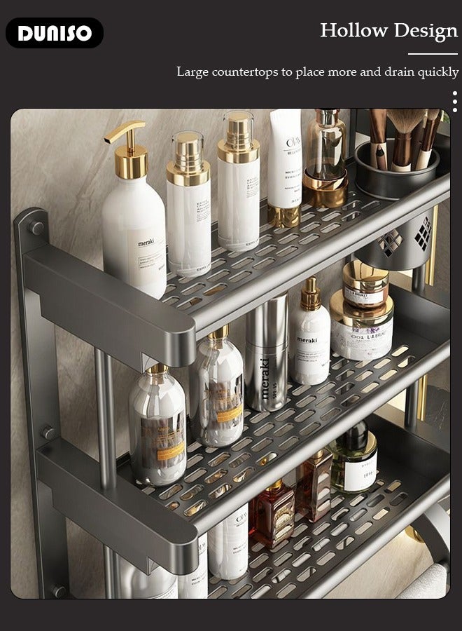 2 Tier Bathroom Shelf with Towel Bars, Bathroom Storage Shelves with Hollow Cup, Towel Rack and Hanging Rod, Adjustable Wall Mounted Shelf Rack Over Toilet for Bathroom and Home Organization