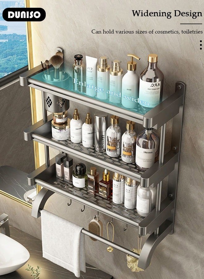 2 Tier Bathroom Shelf with Towel Bars, Bathroom Storage Shelves with Hollow Cup, Towel Rack and Hanging Rod, Adjustable Wall Mounted Shelf Rack Over Toilet for Bathroom and Home Organization