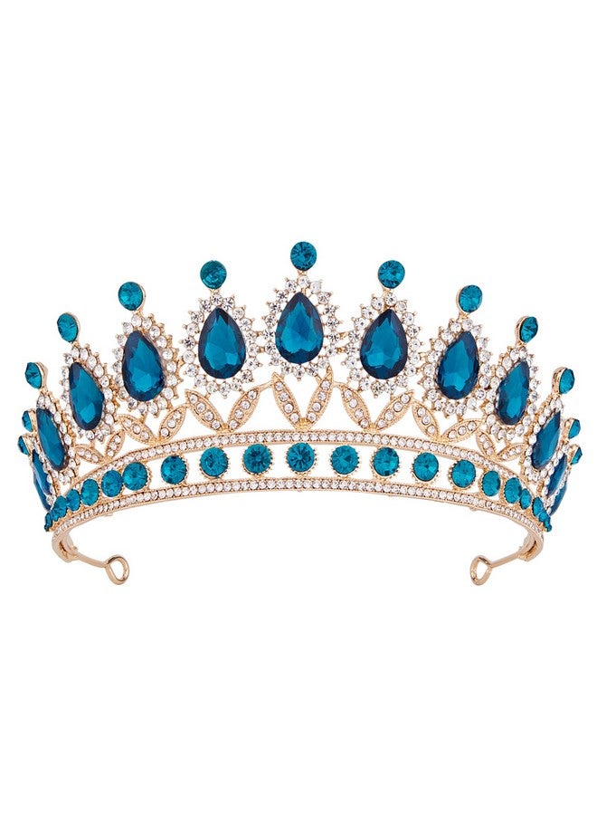 Tiara For Women Gold Crown W/Teal Blue Crystal Royal Queen Rhinestone Headpiece Headband For Princess Girls Kids Bridal Birthday Wedding Pageant Prom Homecoming Halloween Costume Party