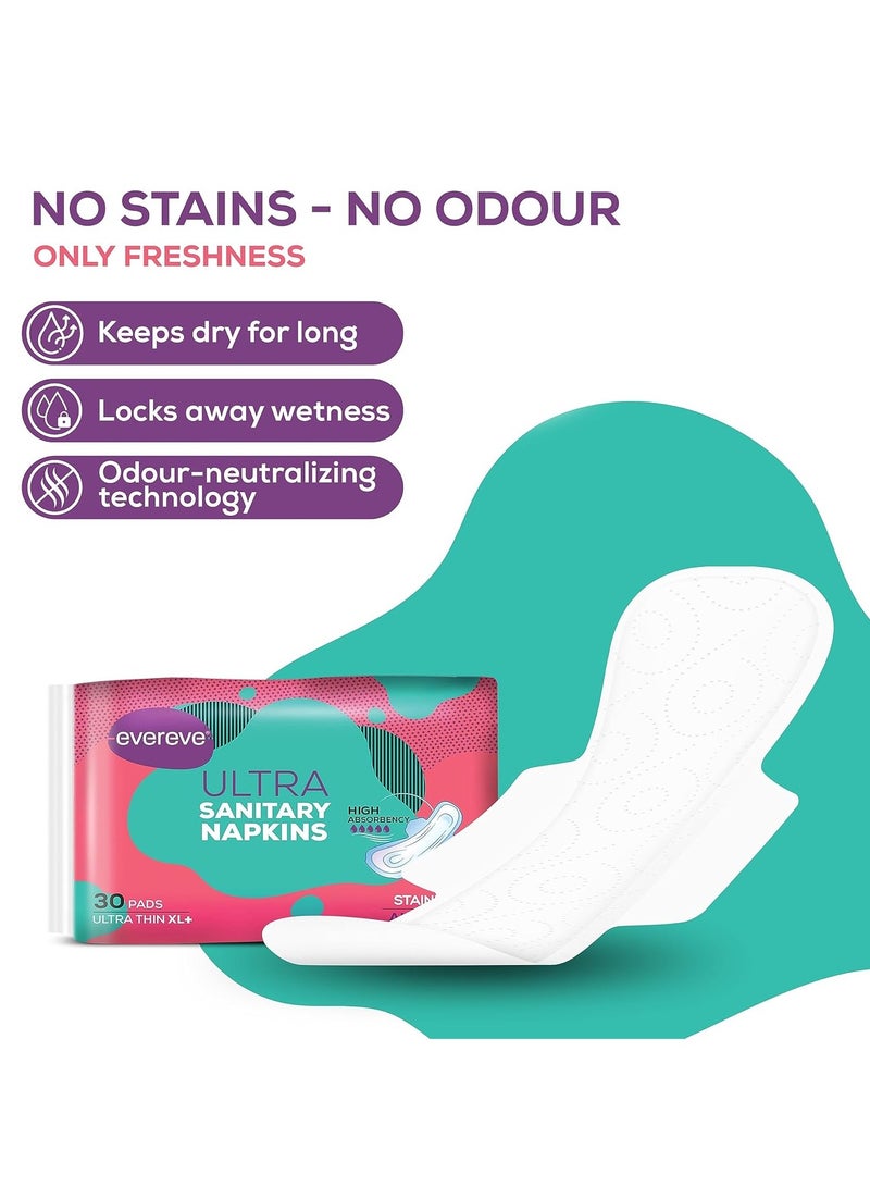 Ultra Sanitary Napkin/Pad, XL+ 320mm, Pack of 30 Napkins, Maximum coverage, Ultra thin, Super absorbent core for fast absorption of liquid, Odour neutralising technology