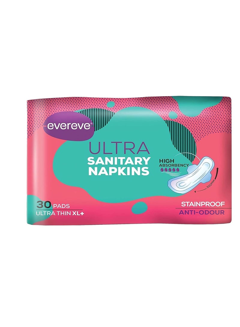 Ultra Sanitary Napkin/Pad, XL+ 320mm, Pack of 30 Napkins, Maximum coverage, Ultra thin, Super absorbent core for fast absorption of liquid, Odour neutralising technology