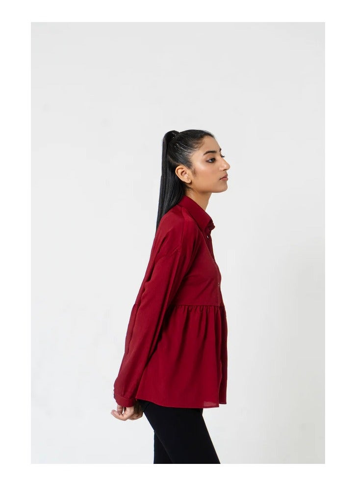 Maroon Collared Ruffle Shirt – Elegant and Stylish Women's Top