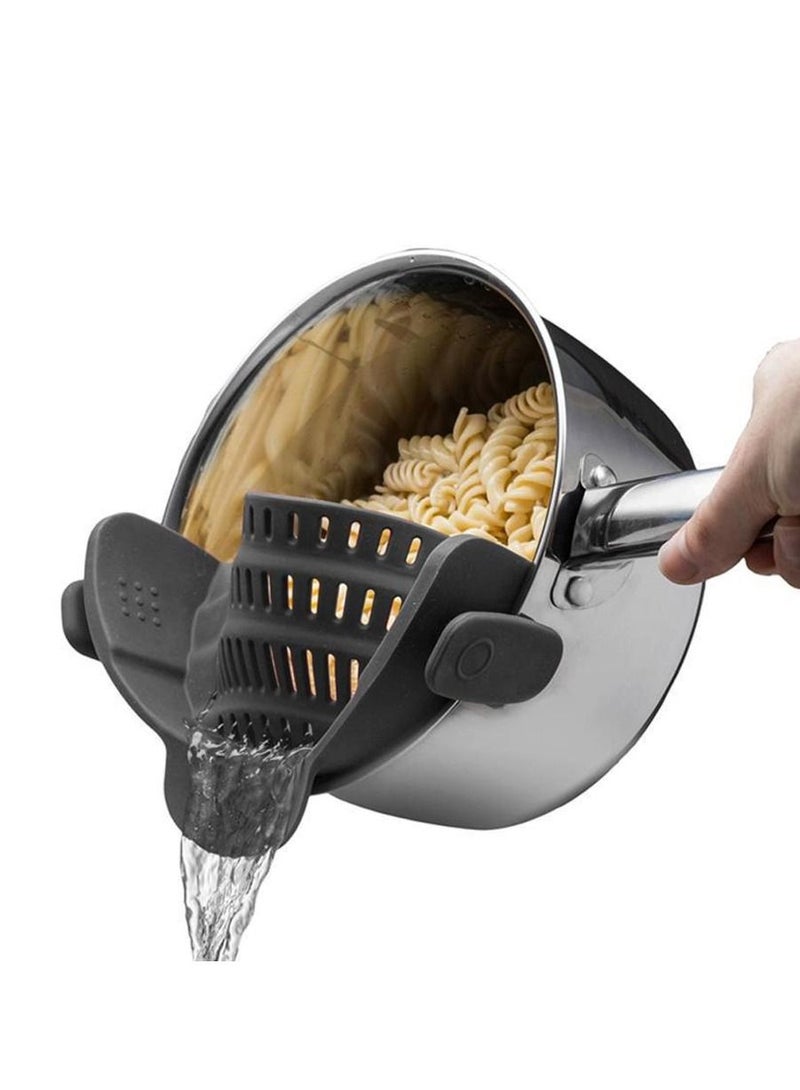 Clip On Strainer For Pots Pan Pasta Strainer Silicone Food Strainer Hands-Free Pan Strainer Clip-On Kitchen Food Strainer For Spaghetti Pasta Ground Beef Fits All Bowls And Pots - Gray