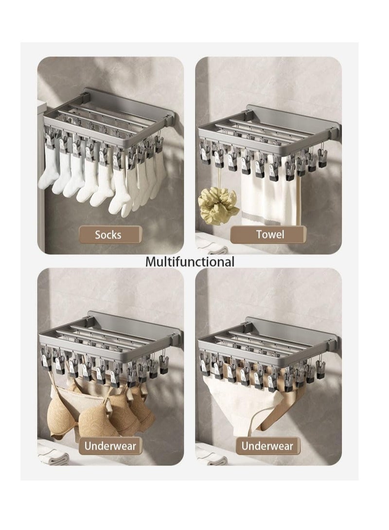 2PCS Foldable Clothes Drying Rack Wall Mounted Clothes Hanger Multiuse Laundry Hanger with Total 52 Windproof Clips for Socks Underwear Pants Towel Scarfs and Bras (Grey, 2)