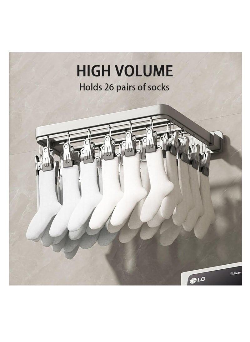 2PCS Foldable Clothes Drying Rack Wall Mounted Clothes Hanger Multiuse Laundry Hanger with Total 52 Windproof Clips for Socks Underwear Pants Towel Scarfs and Bras (Grey, 2)