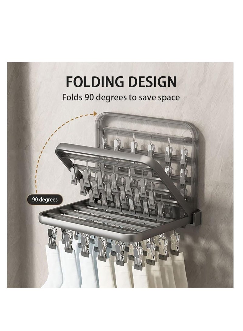 2PCS Foldable Clothes Drying Rack Wall Mounted Clothes Hanger Multiuse Laundry Hanger with Total 52 Windproof Clips for Socks Underwear Pants Towel Scarfs and Bras (Grey, 2)