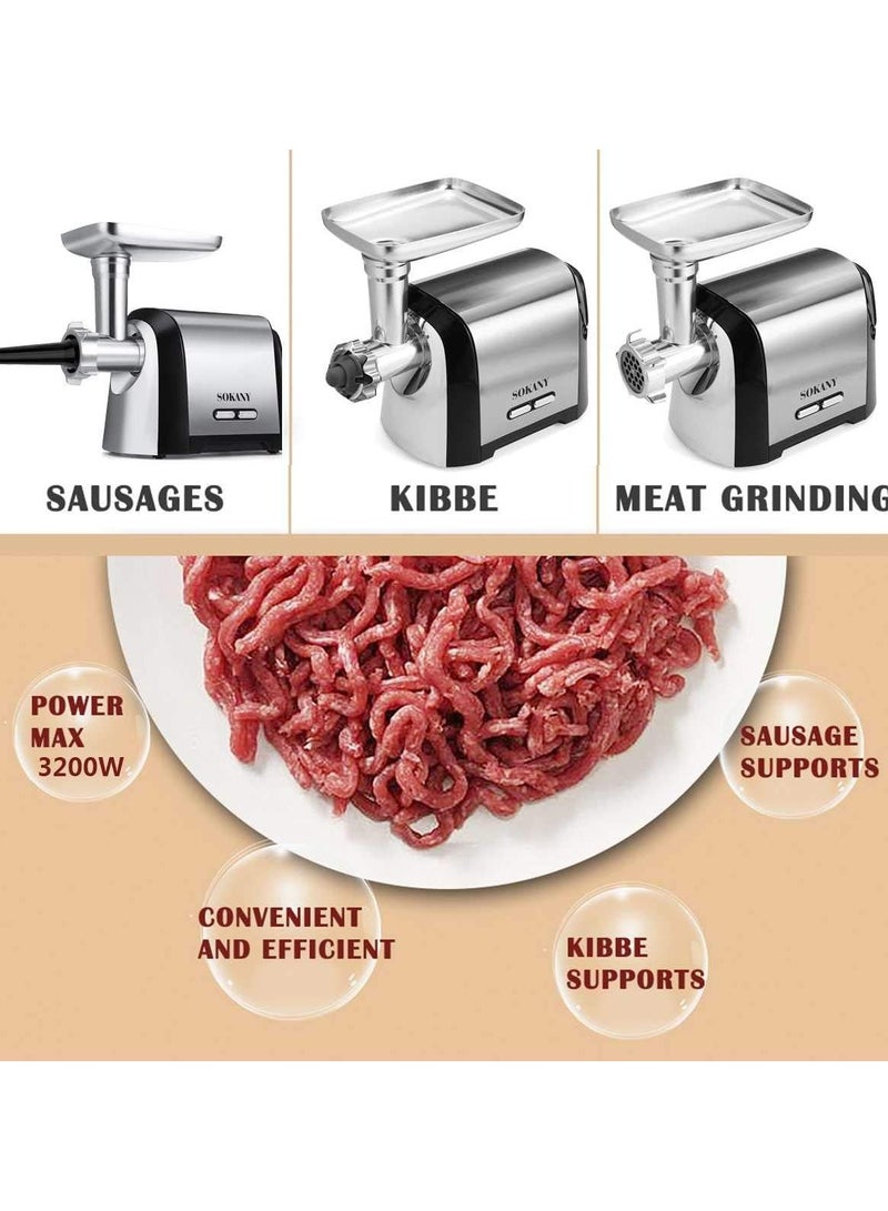 Sokany Electric Meat Grinder SK-088, 3200W Max Power 3200W, 3 in 1 Multifunctional Electric Meat Grinder, Sausage Stuffer, 1 Slicing Blade, 3 Grinding Plates