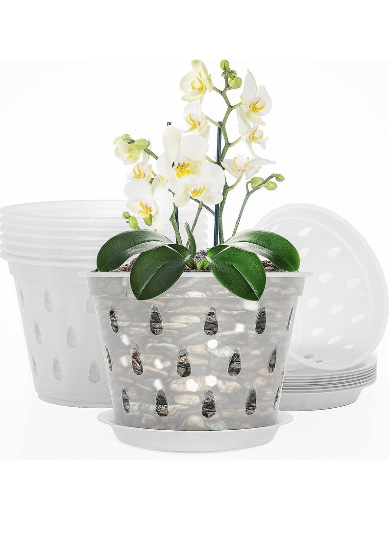 Clear Plastic Orchid Pots 7 Inch 5 Pack with Drainage Holes and Saucers for Indoor and Outdoor Plants Succulents and Flowers