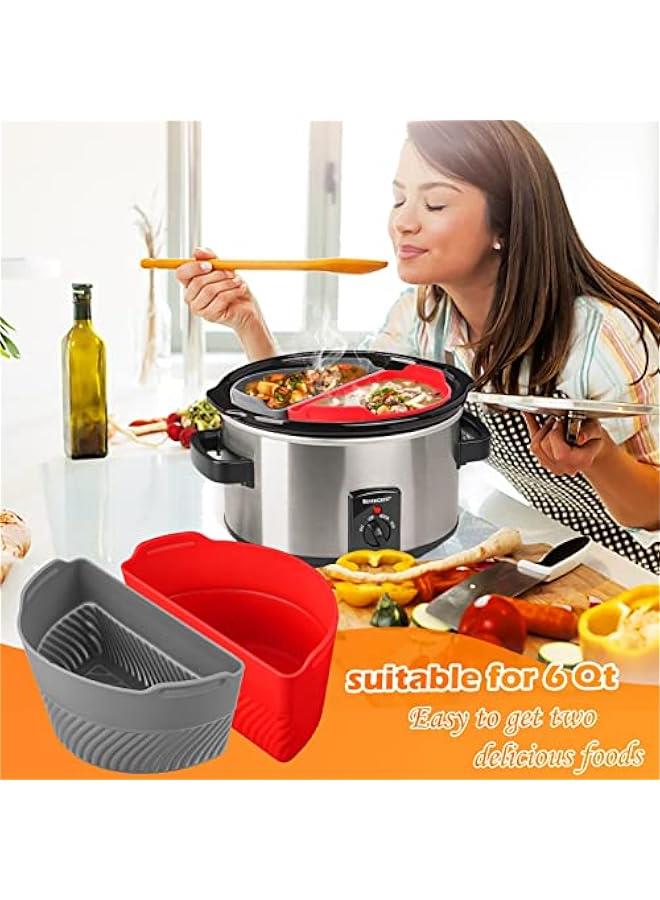 Silicone Slow Cooker Liners for Crock Pot 6 QT, Easy Cleanup Silicone Slow Cooker Liner, Reusable Food-Grade Material Heat Resistant Leakproof Slow Cooker Insert, Dishwasher Safe(Red+ Grey)