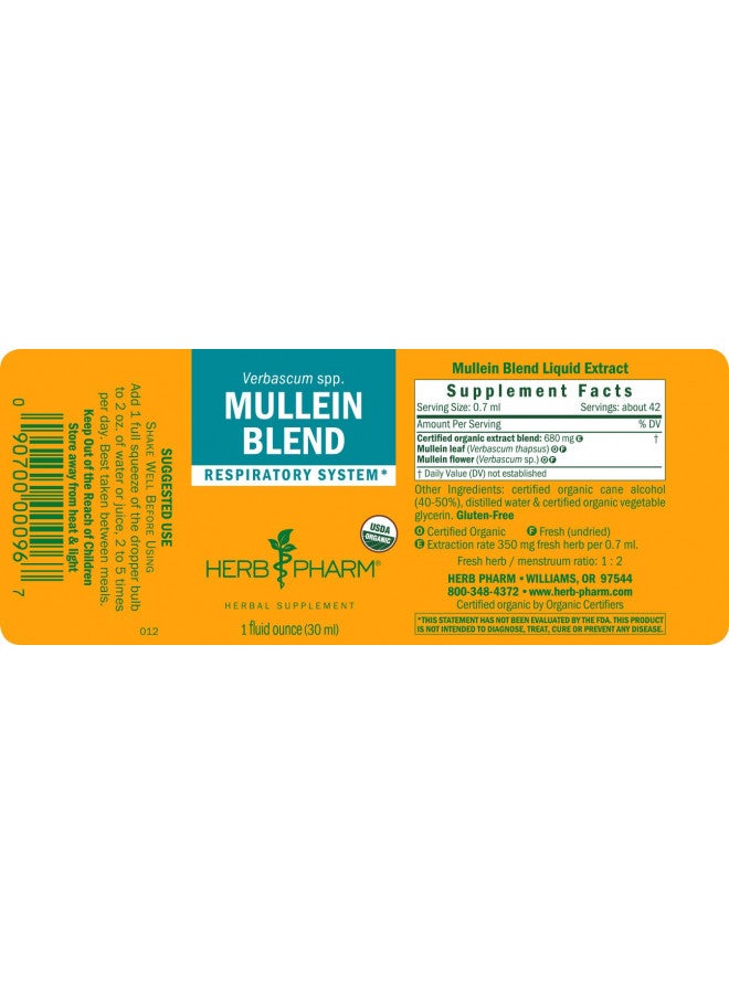 Herb Pharm Certified Organic Mullein Blend Liquid Extract for Respiratory System Support - 1 Ounce