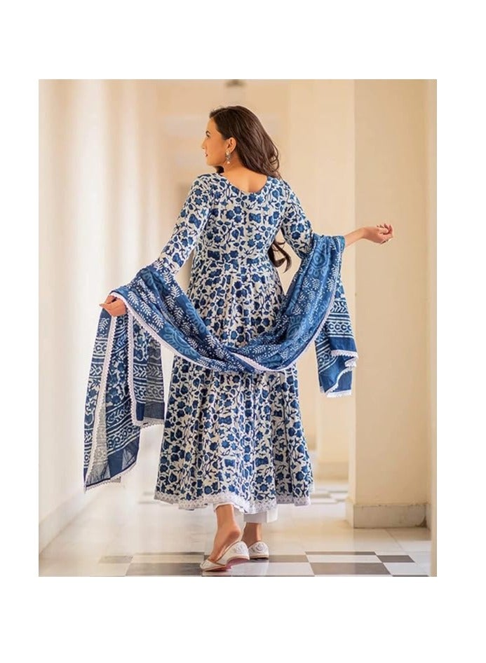 Women's Cotton Printed Anarkali Kurta with Palazzo & Dupatta Set