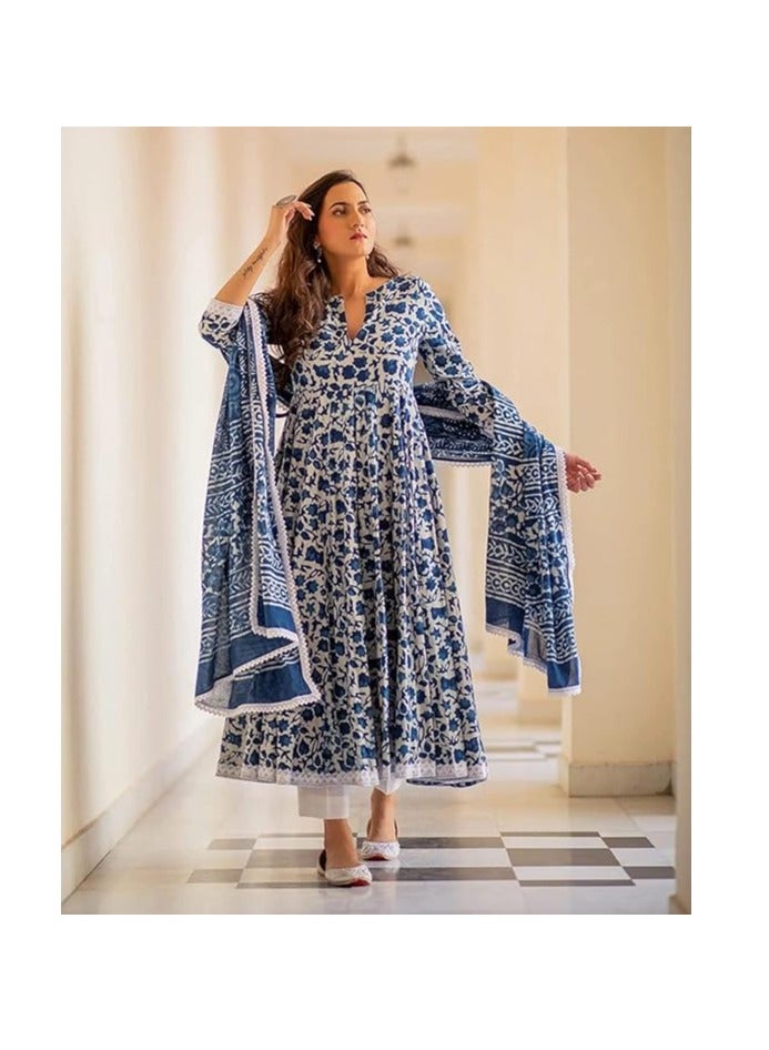 Women's Cotton Printed Anarkali Kurta with Palazzo & Dupatta Set
