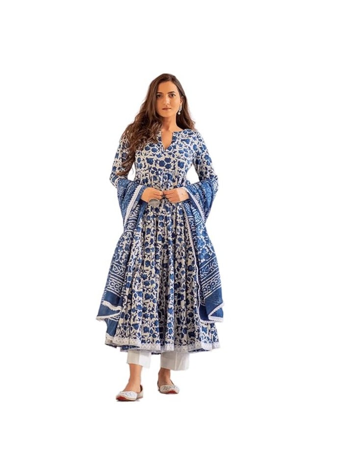 Women's Cotton Printed Anarkali Kurta with Palazzo & Dupatta Set