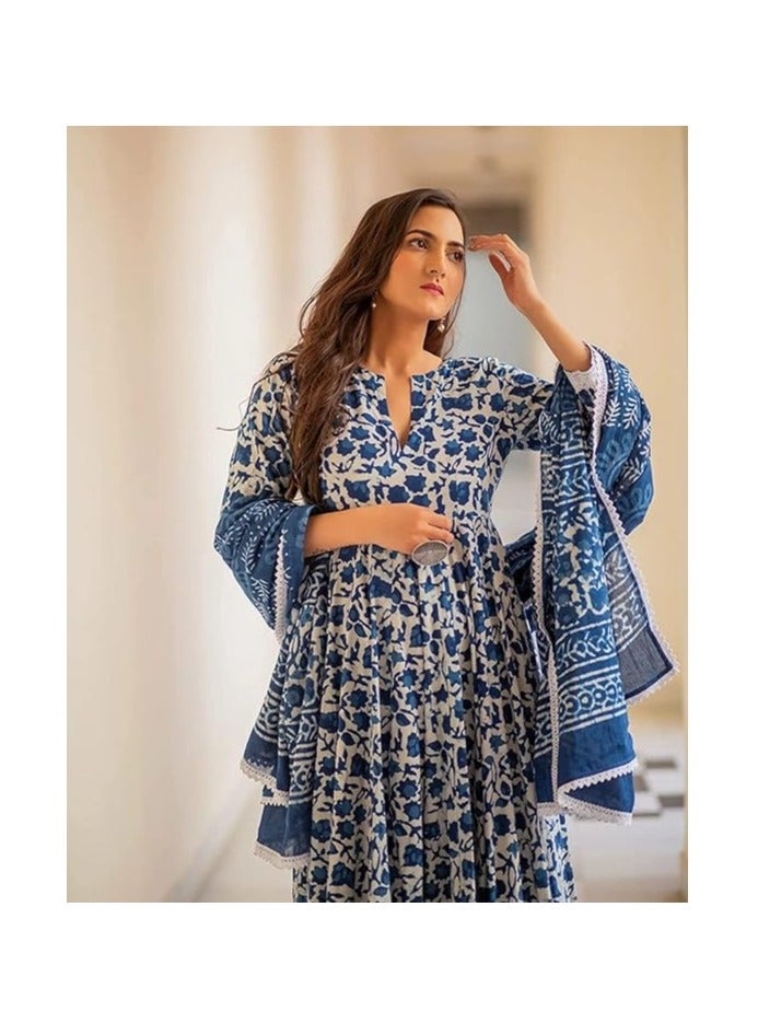 Women's Cotton Printed Anarkali Kurta with Palazzo & Dupatta Set