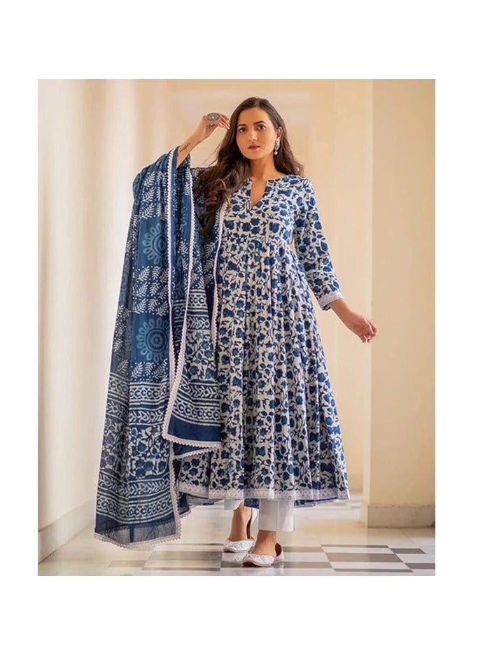 Women's Cotton Printed Anarkali Kurta with Palazzo & Dupatta Set