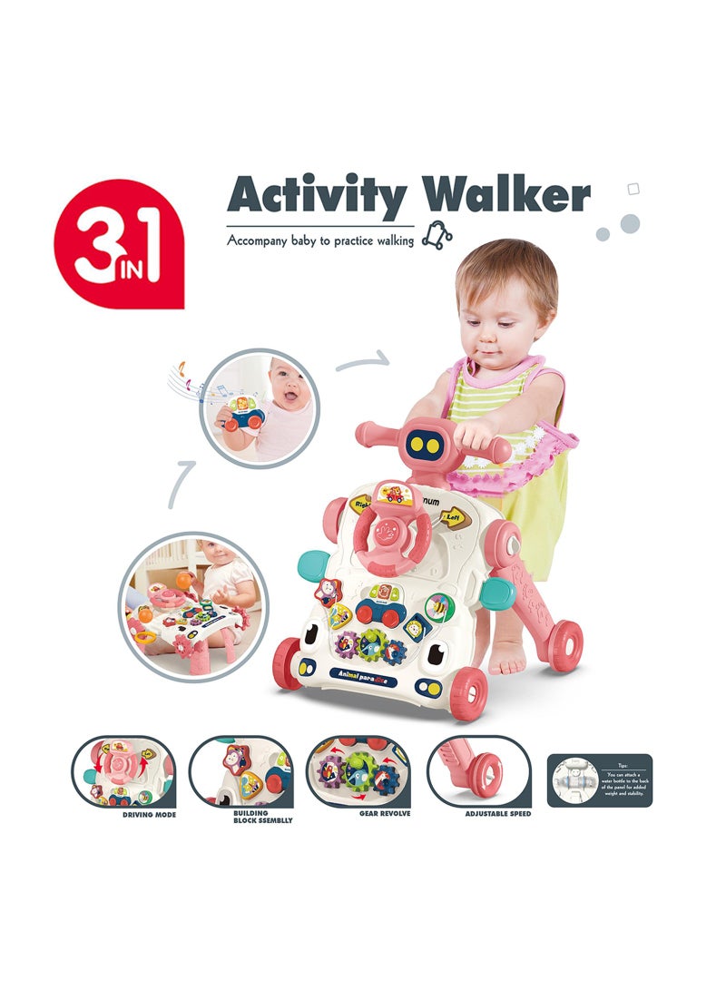 3-In-1 Baby Walker, Learning Table Mode, Game Panel Mode with Musical keyboard - Pink