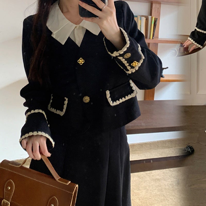 Autumn Winter French Retro Plus Size Womens Two-Piece Set 99FQ#351# black two-piece set