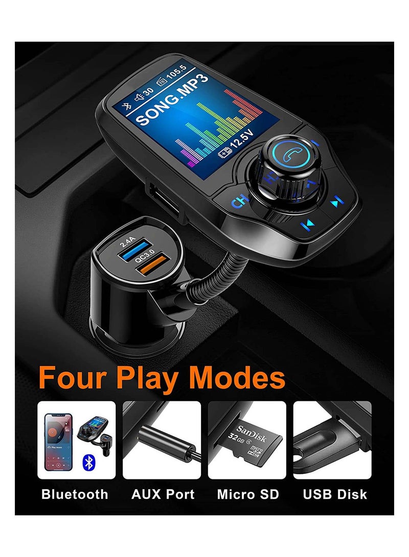 Bluetooth FM Transmitter in-Car Wireless Radio Adapter Kit W 1.8 Color Display Hands-Free Call AUX in Out SD TF Card USB Charger QC3.0 for All Smartphones Audio Players