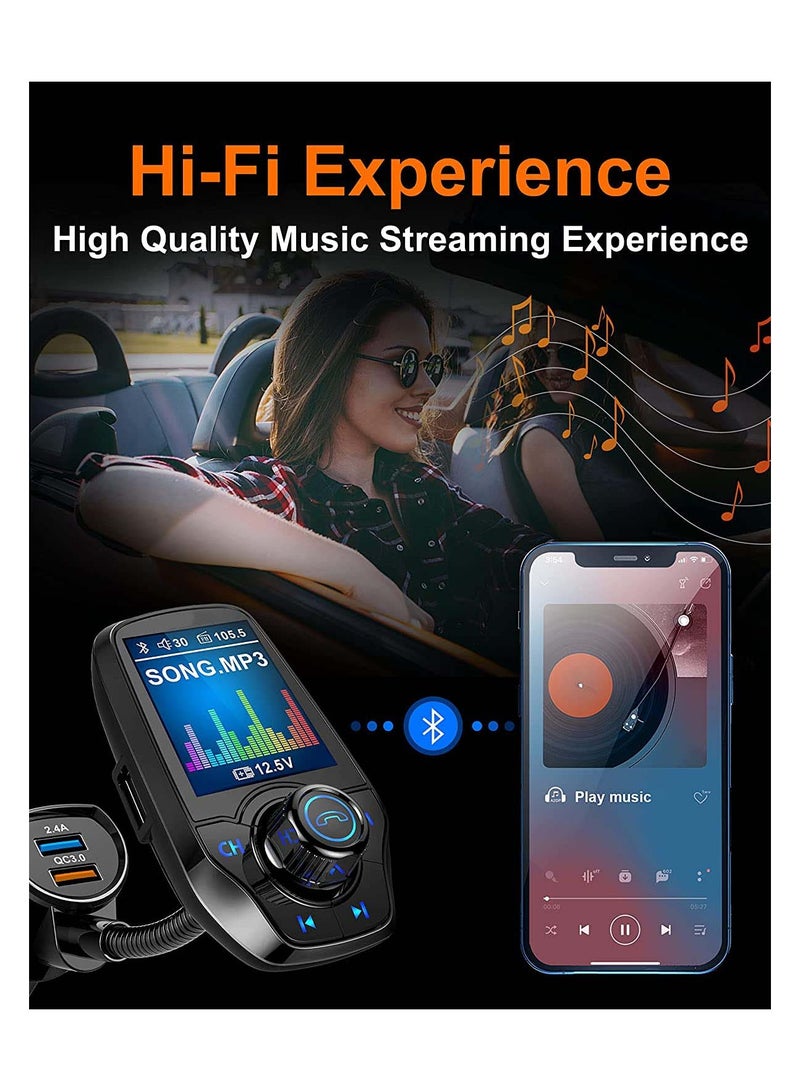 Bluetooth FM Transmitter in-Car Wireless Radio Adapter Kit W 1.8 Color Display Hands-Free Call AUX in Out SD TF Card USB Charger QC3.0 for All Smartphones Audio Players