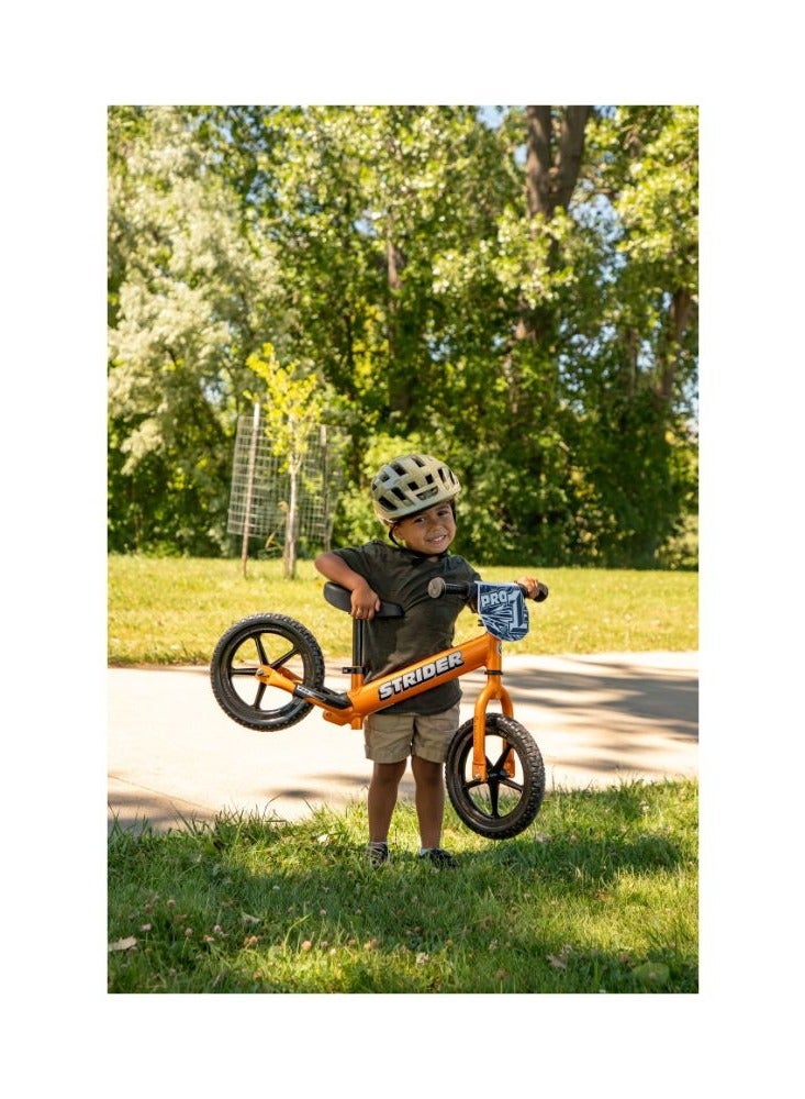 Strider 12”  Pro Bike - No Pedal Balance Bicycle for Kids 18 Months to 5 Years - Includes Safety Pad, Padded Seat, Mini Grips & Flat-Free Tires - Tool-Free Assembly & Adjustments