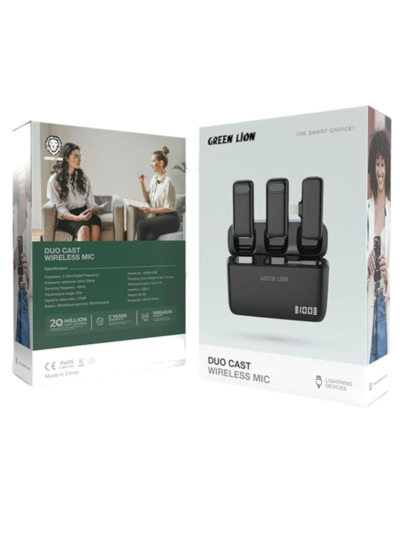 Duo Cast Wireless Lightening Microphone with 20m Transmission Range, Automatic Pairing, USB-C Interface, Up to 7 Hours Working Duration - Black