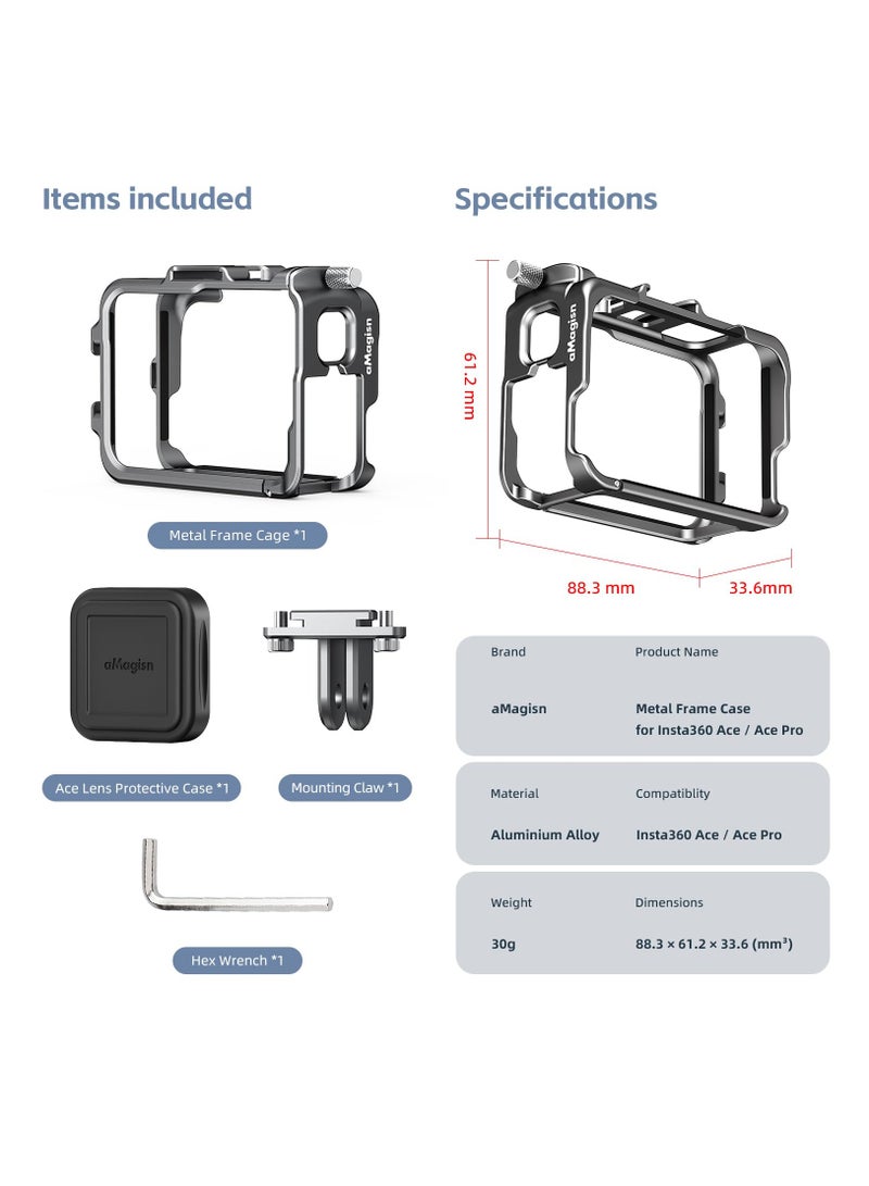 360 Ace Series Aluminum Frame Cage with Silicone Lens Case for Insta360 Ace/Ace Pro, Durable Metal Housing with Cold Shoe Mount, Compatible with Official Pivot Stand Mount.