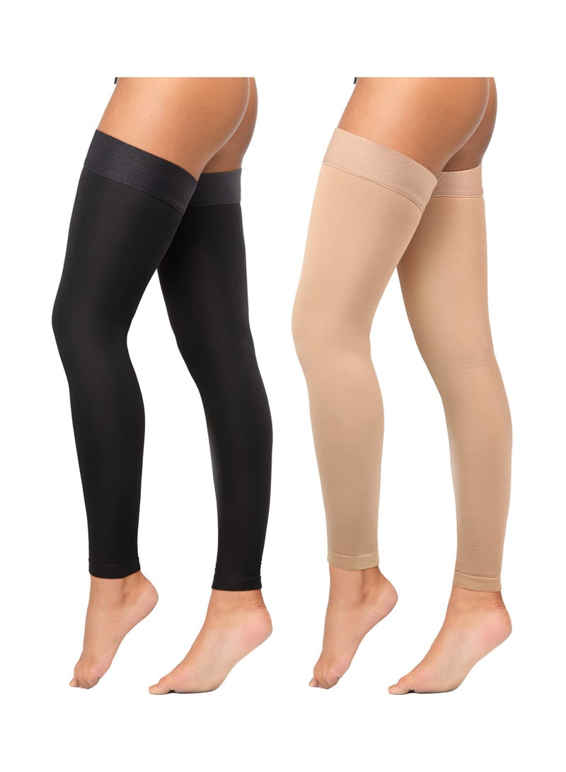 2 Pairs of Footless Thigh High Compression Stockings (20-30 mmHg) with Silicone Dot Band for Unisex - Available in Beige and Black, Size Large.