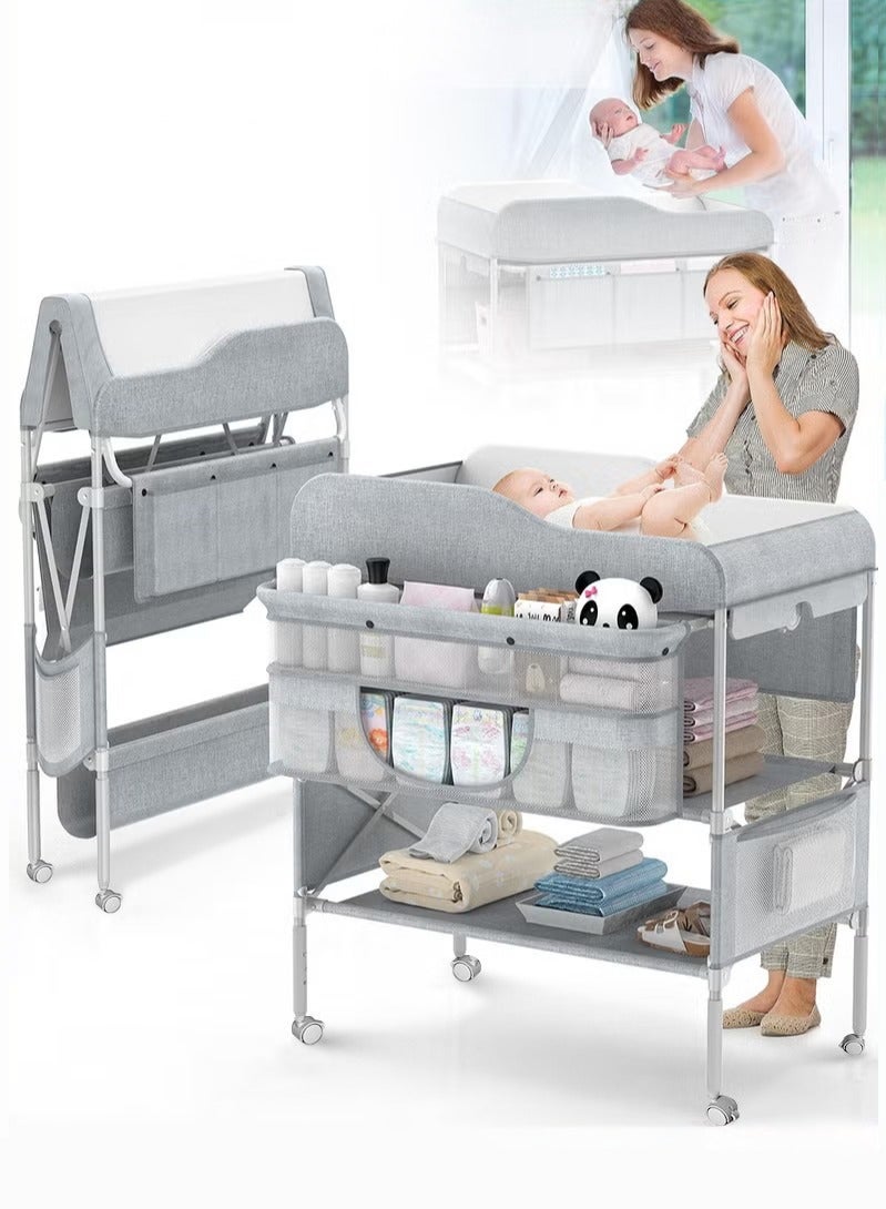 Baby Diaper Changing Table, Foldable Infant Diaper Station with Wheels, Nursery Organizer for Newborns, Babies Dresser Changing Table with Storage Rack, Strengthen Structure and 3 Adjustable Height