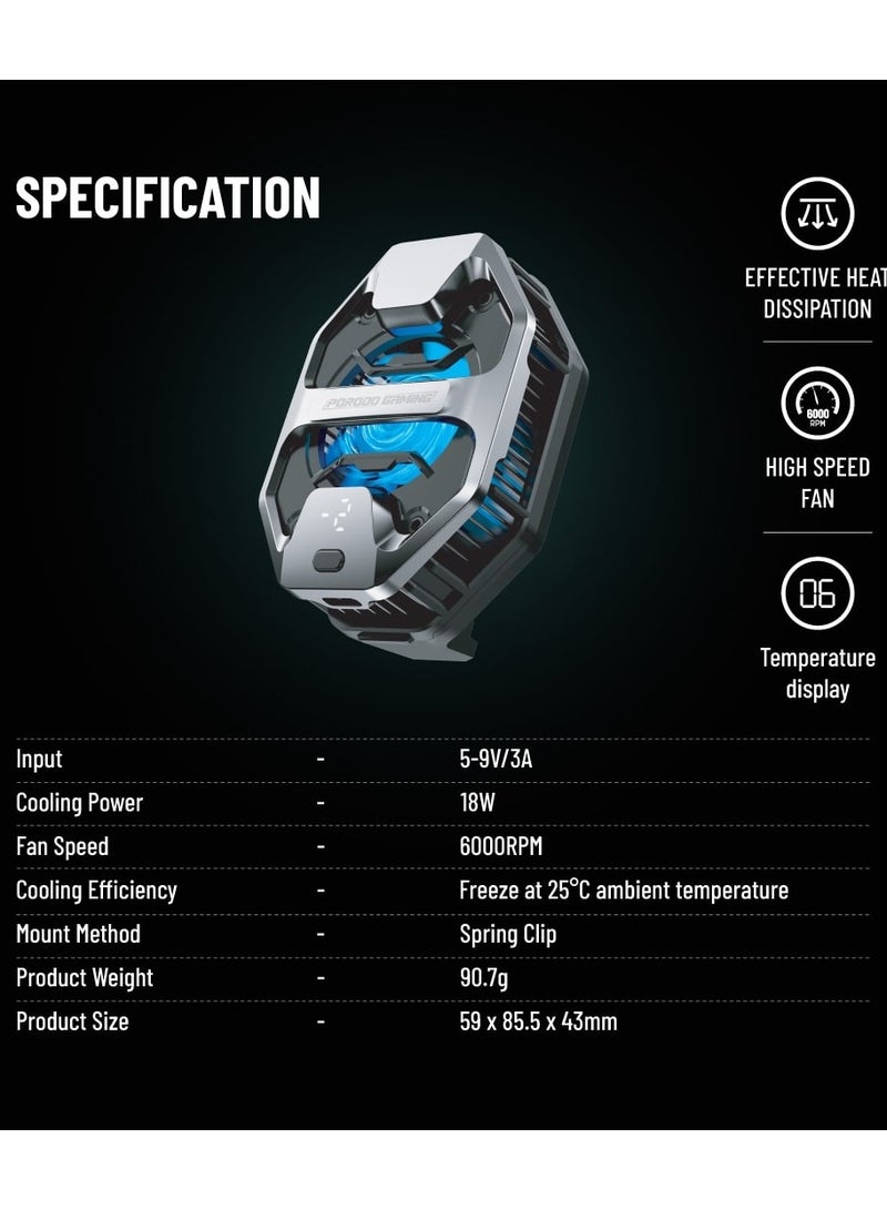 Freezing Semiconductor Phone Cooler with LED Display and High Speed Fan / Spring Clip Mount Method & 18W Cooling Power / Clip-On Design - Gray