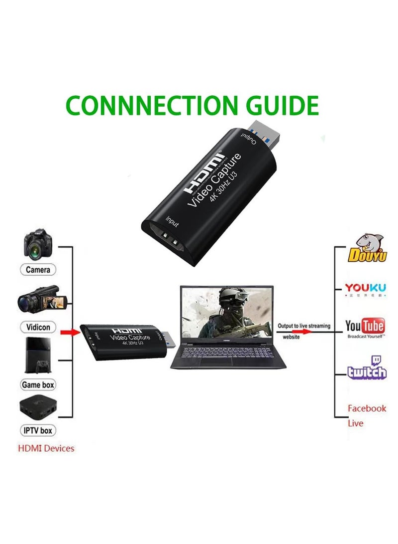 4K HDMI Video Capture Card USB 3.0 1080P 60HZ Game Streaming Adapter for Live Broadcasting and Screen Recording