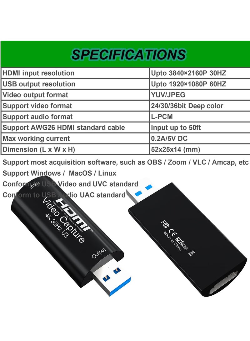 4K HDMI Video Capture Card USB 3.0 1080P 60HZ Game Streaming Adapter for Live Broadcasting and Screen Recording