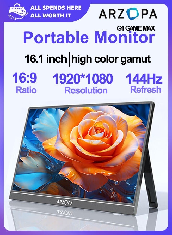 ARZOPA 16.1-inch Portable Monitor, 144Hz, High Color Gamut, IPS Screen, for Laptop/Phone/Switch/Ps4/5