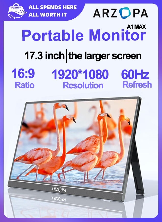 ARZOPA A1 MAX 17.3-inch Portable Monitor, Three-Side Micro-Bezel, for Laptop/Phone/PS5/4/Switch